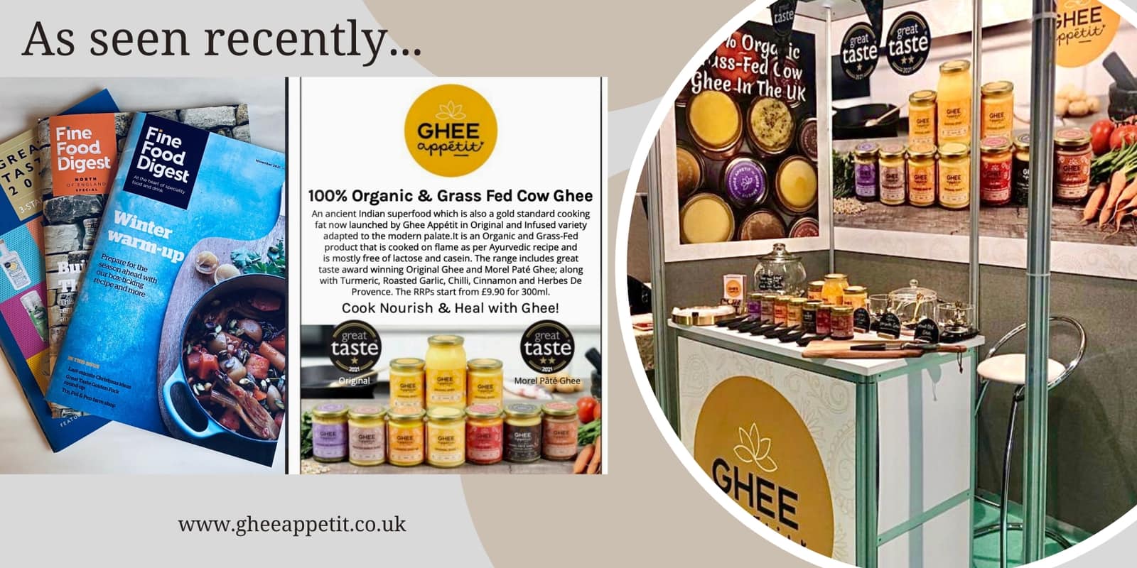 Ghee Appetit featured in media publications collage with brand logo and press mentions, showcasing recognition and credibility across magazines and digital platforms
