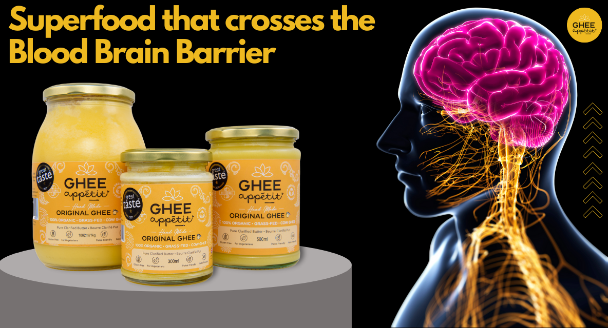 Ghee Appetit original ghee jars beside a glowing brain illustration and the headline “Superfood that crosses the blood brain barrier” on a black promotional graphic.
